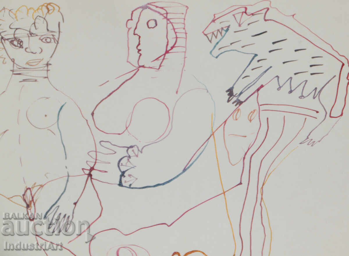 1993. Desen de artă abstractă cu tuș, figuri - 5