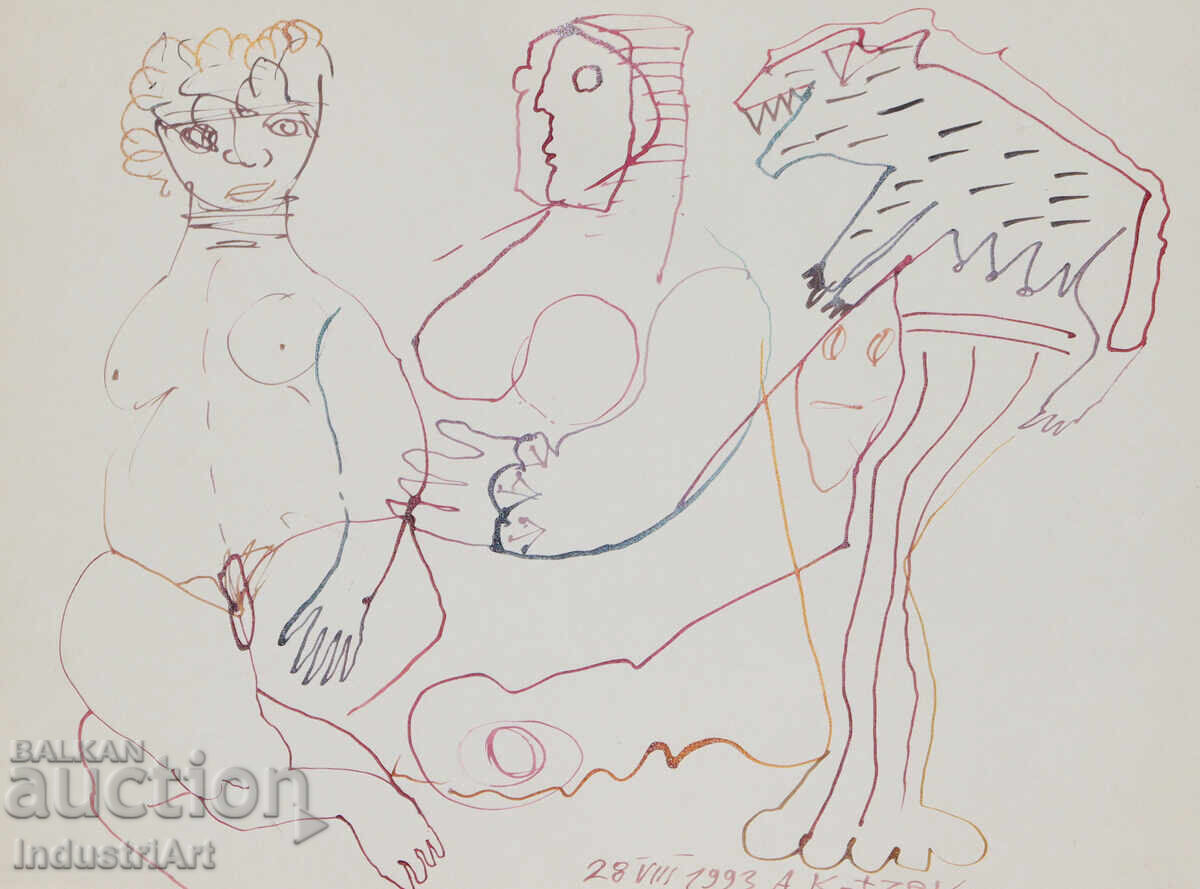 1993. Desen de artă abstractă cu tuș, figuri