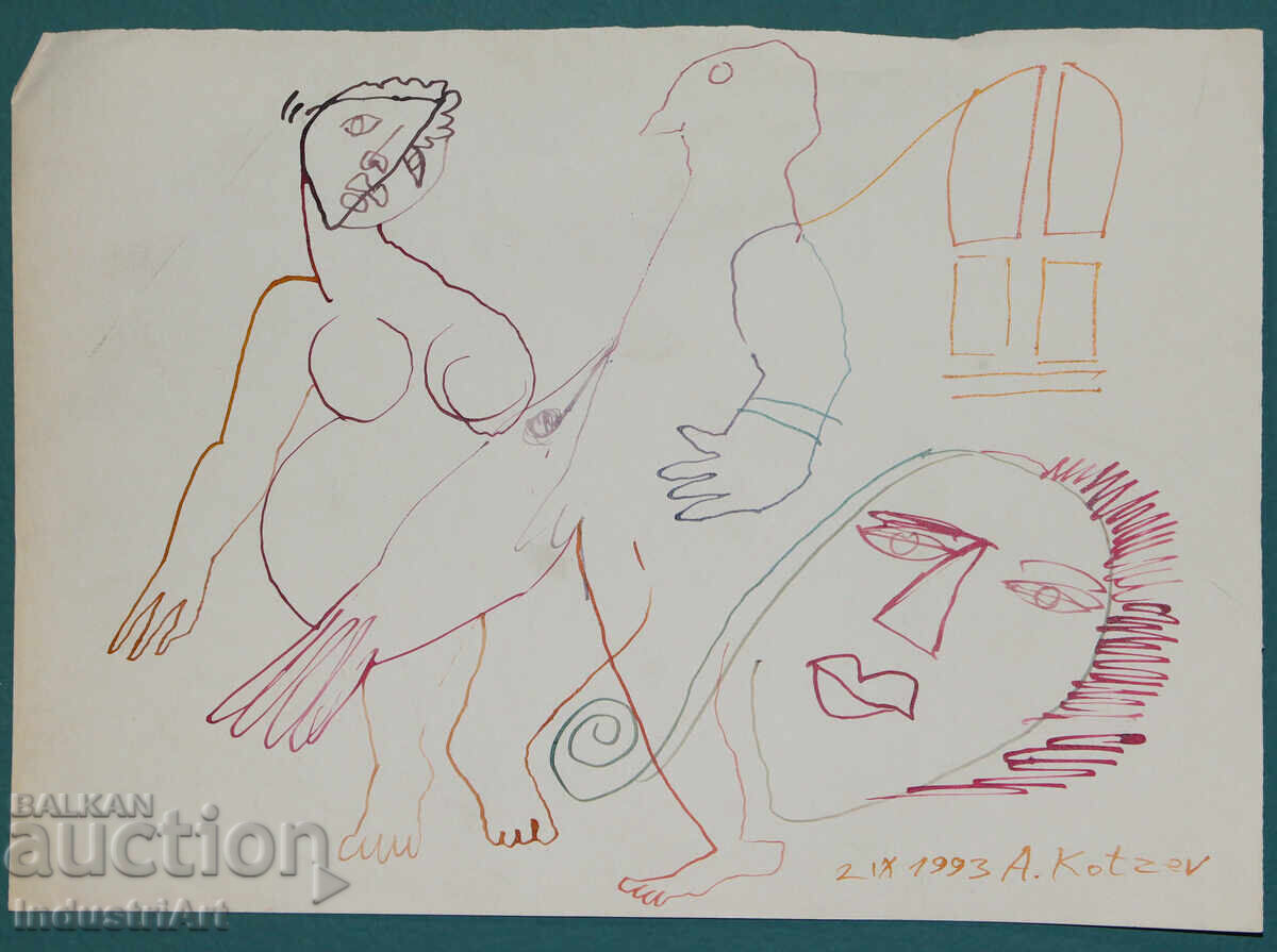 Licitație 1993. Desen de artă abstractă cu tuș, figuri