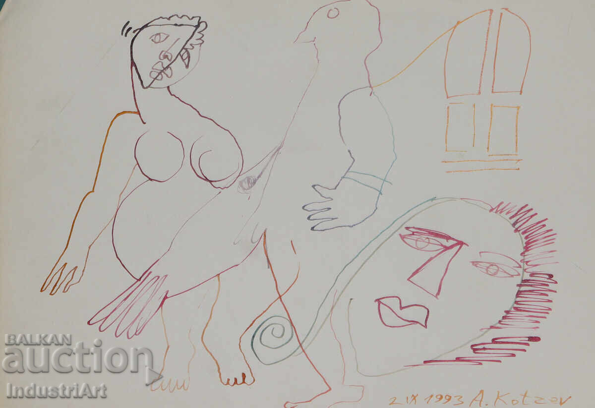 1993. Desen de artă abstractă cu tuș, figuri