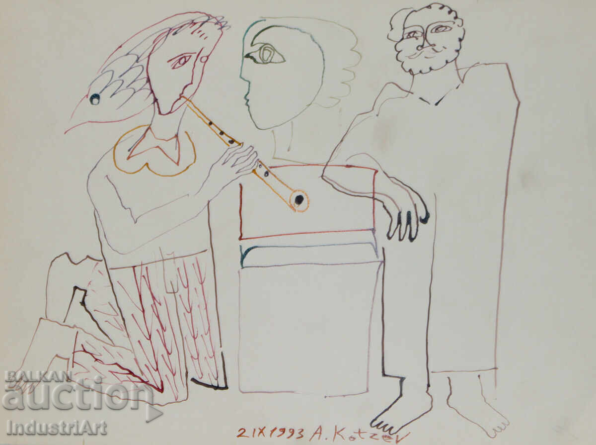 Auction  1993 Abstract Art Ink Drawing Musicians