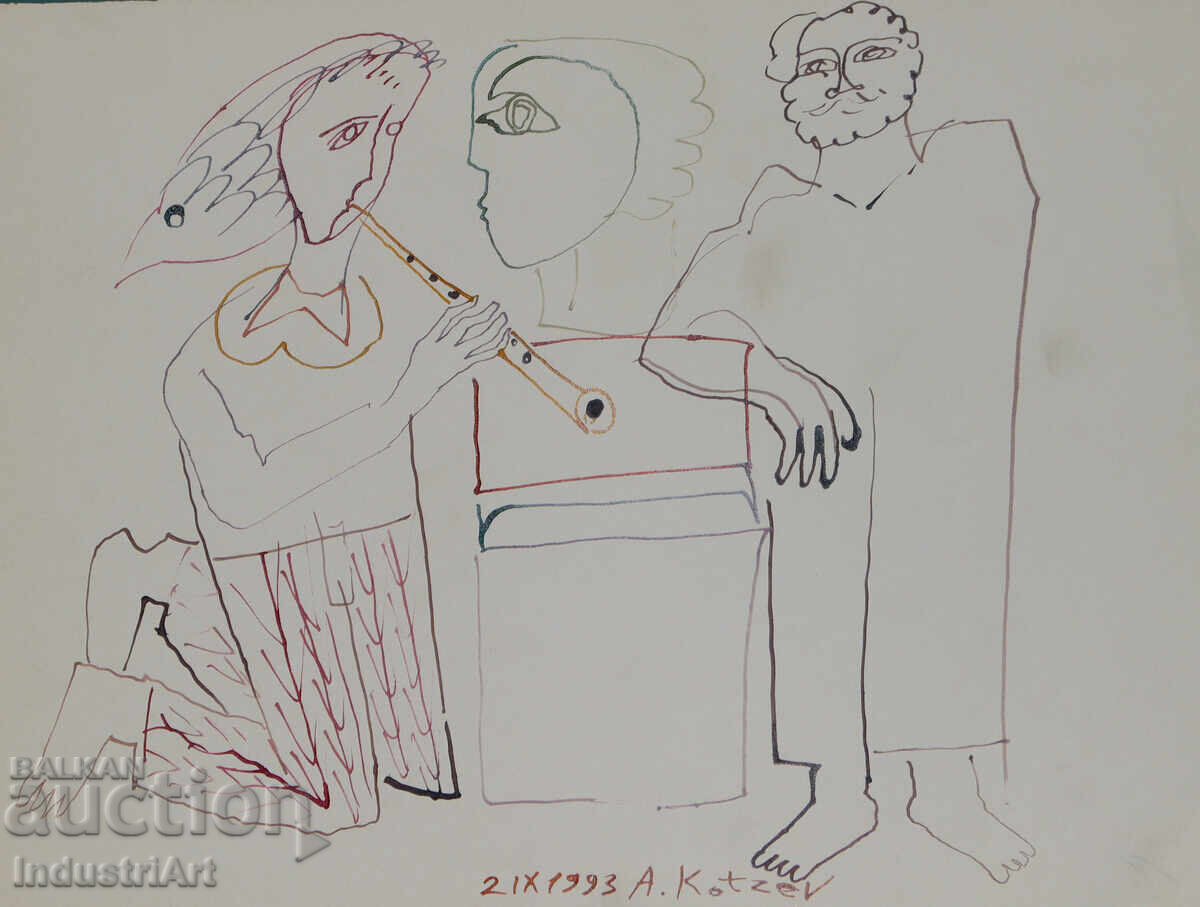 1993 Abstract Art Ink Drawing Musicians