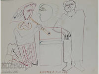 1993. Desen de artă abstractă cu tuș, muzicieni