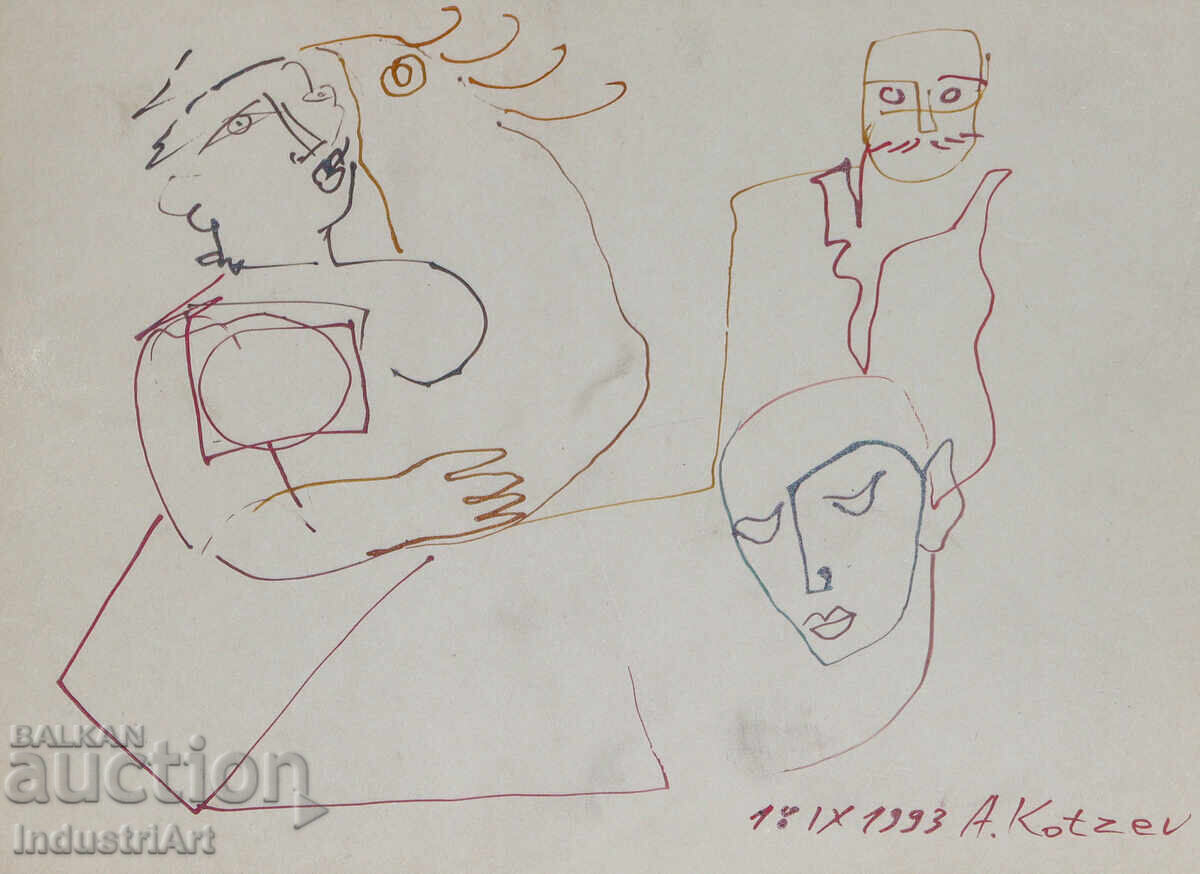 Auction  1993 Abstract Art Ink Drawing Faces