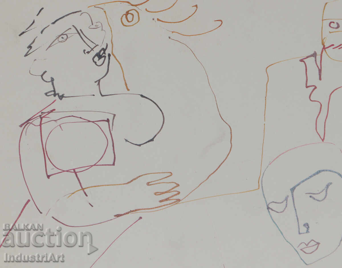 Delivery of 1993 Abstract Art Ink Drawing Faces