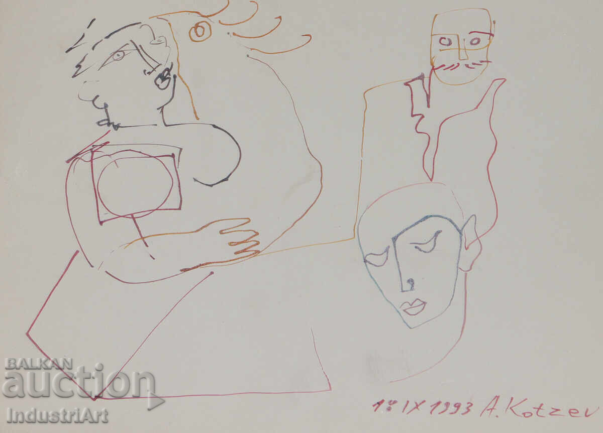 1993 Abstract Art Ink Drawing Faces