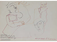 1993 Abstract Art Ink Drawing Faces