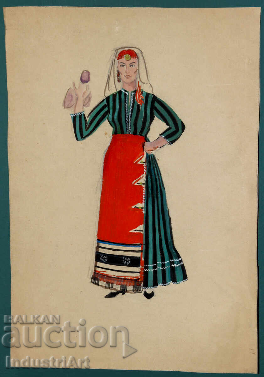 Old painting, tempera paints, girl in traditional costume with price 170.00 BGN | € 86.92