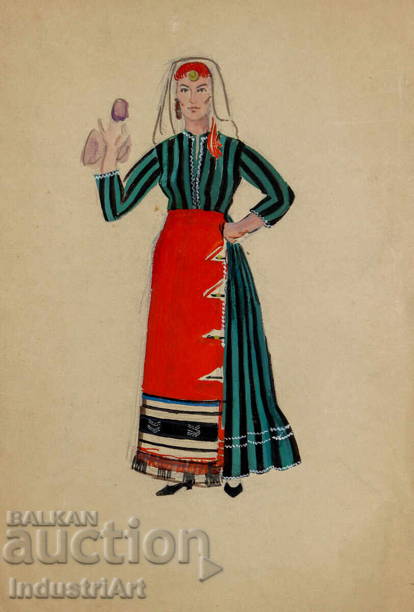 Auction  Old painting, tempera paints, girl in traditional costume