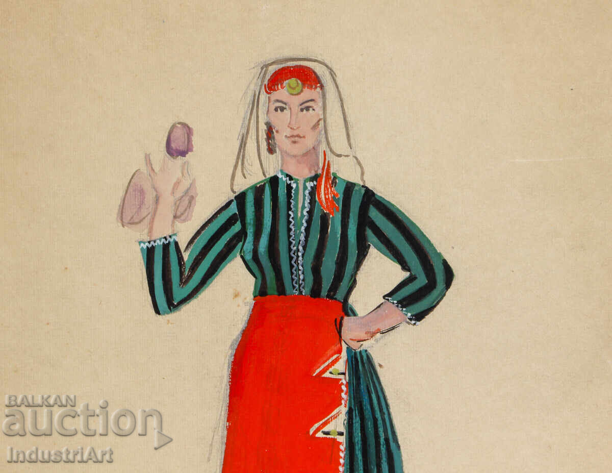 Delivery of Old painting, tempera paints, girl in traditional costume