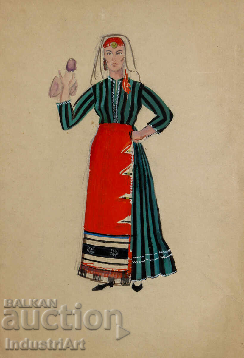 Old painting, tempera paints, girl in traditional costume