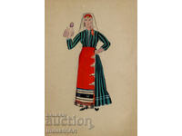 Old painting, tempera paints, girl in traditional costume