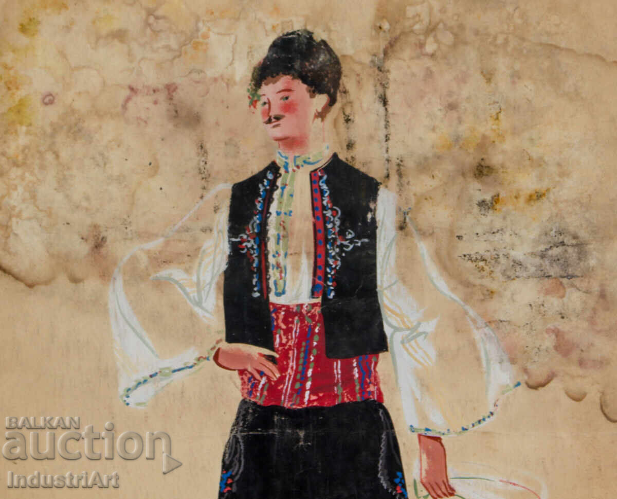 Auction  Old painting, tempera paints, man in traditional costume