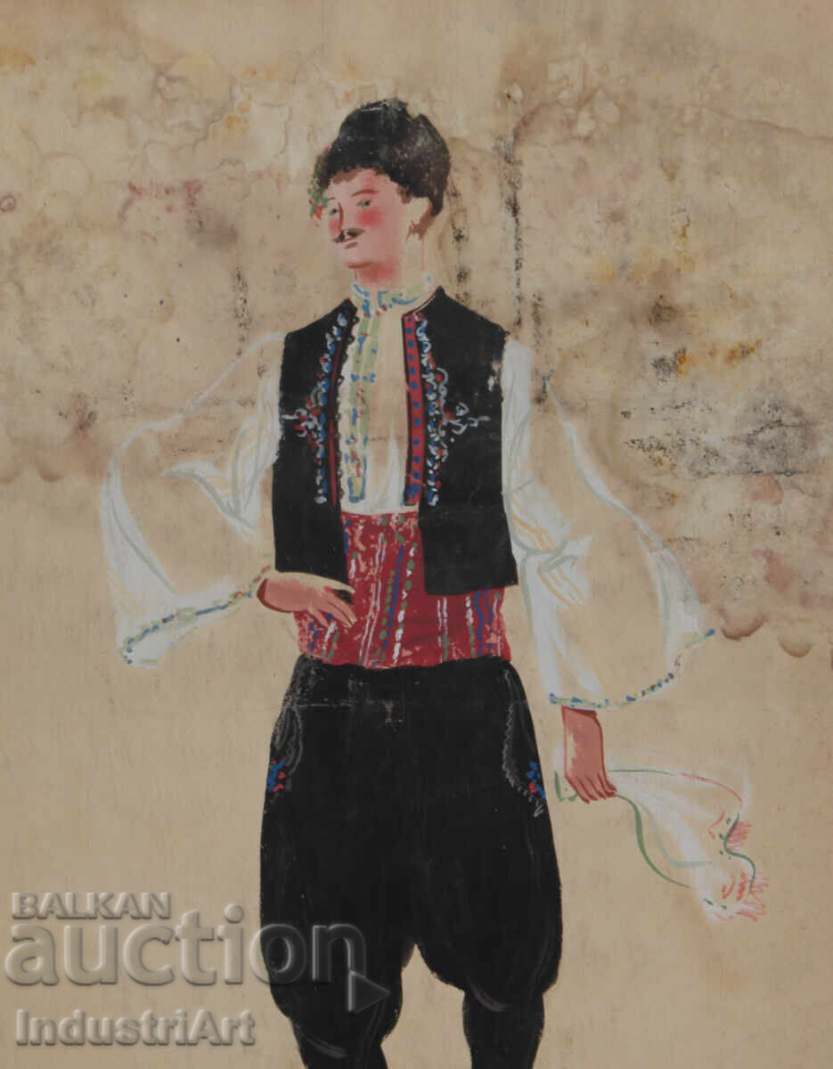 Delivery of Old painting, tempera paints, man in traditional costume