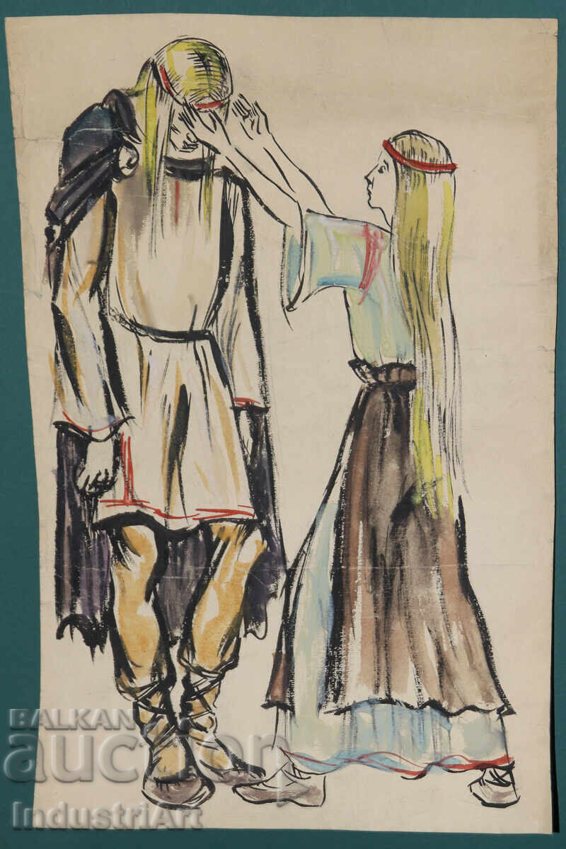 Pictură veche acuarelă figuri cu preț 150.00 BGN | € 76.69 Pictură veche acuarelă figuri cu preț 150.00 BGN | € 76.69