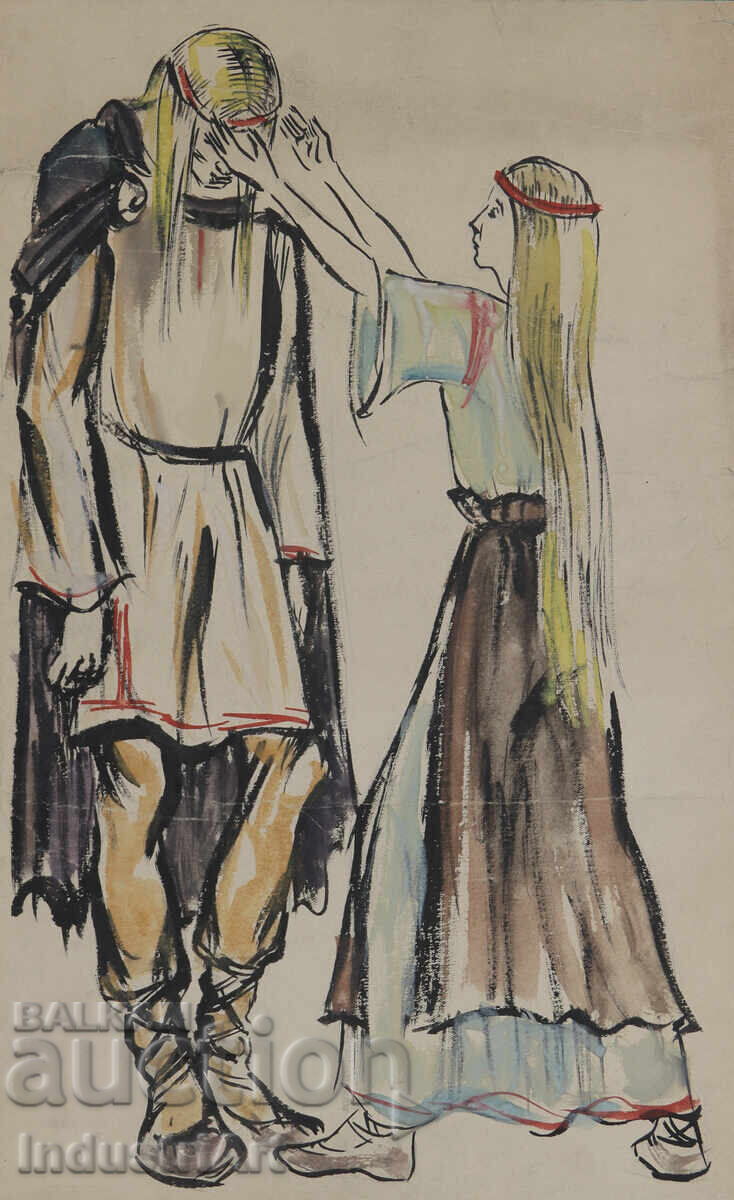 Licitație Pictură veche acuarelă figuri Licitație Pictură veche acuarelă figuri