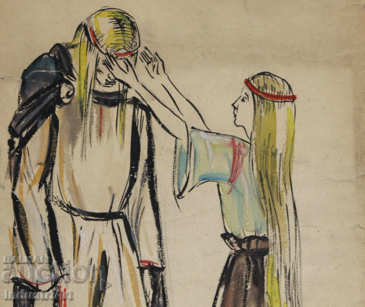 Livrarea Pictură veche acuarelă figuri Livrarea Pictură veche acuarelă figuri