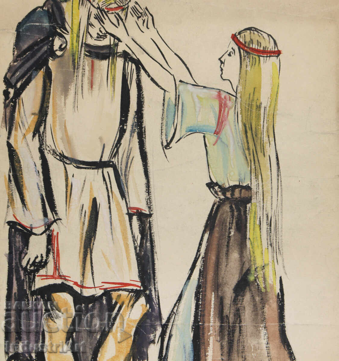 Pictură veche acuarelă figuri - 5 Pictură veche acuarelă figuri - 5