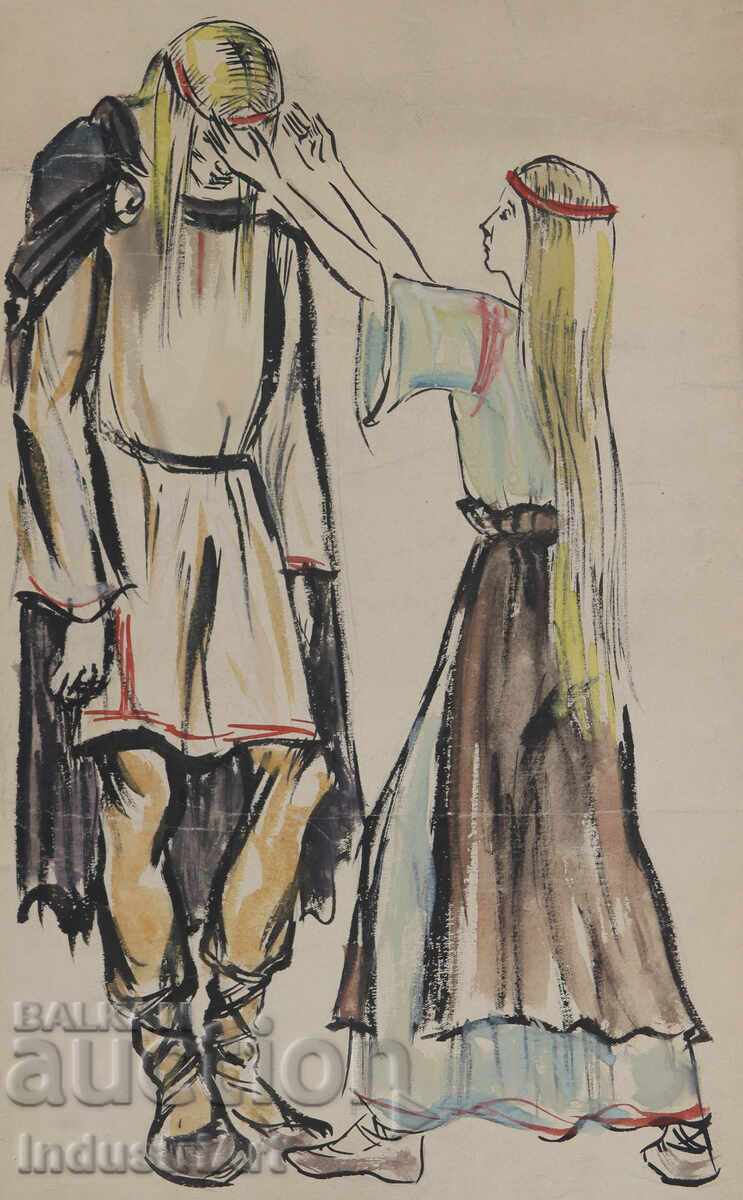 Pictură veche acuarelă figuri Pictură veche acuarelă figuri