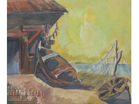 Τέμπερα ζωγραφική θαλασσινό τοπίο με βάρκες