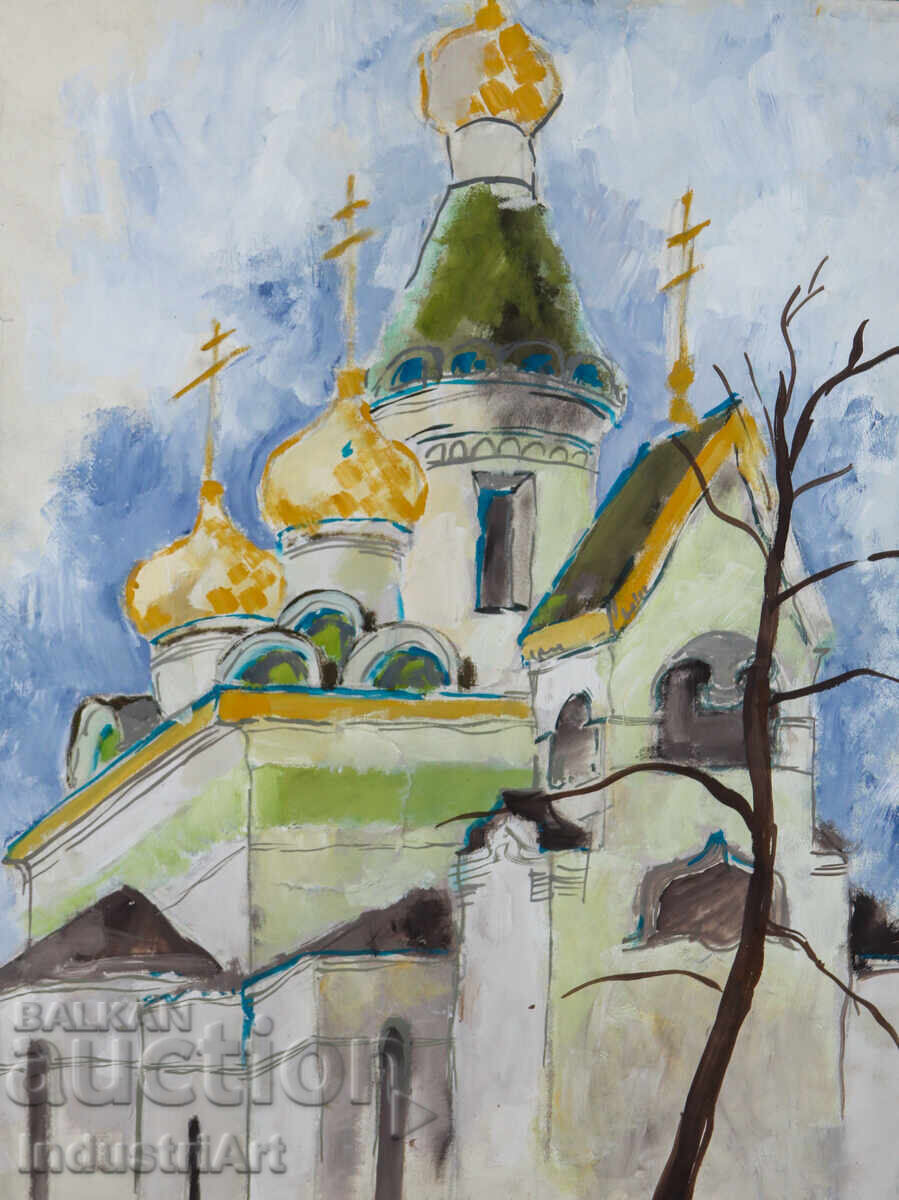 Δημοπρασία Πίνακας με τέμπερα, τοπίο, εκκλησία