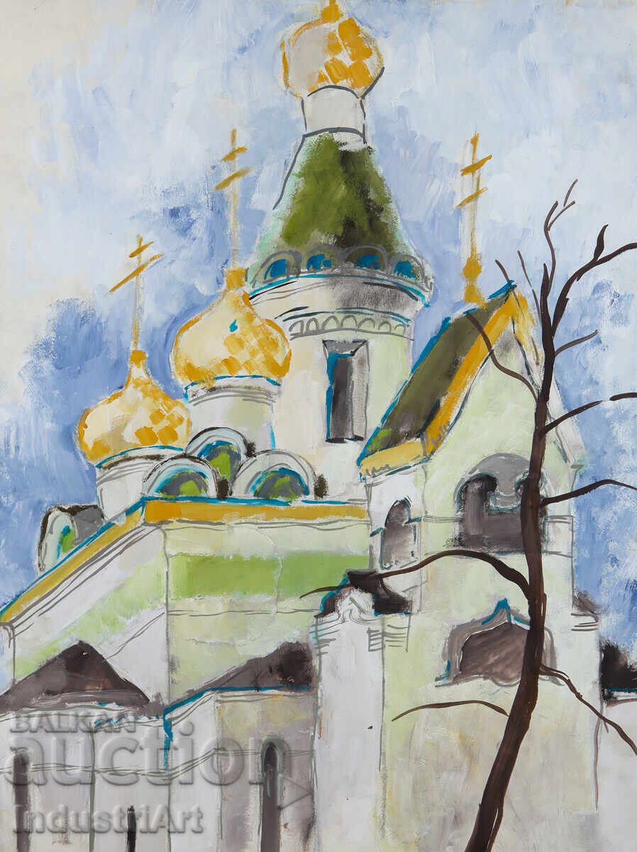 Πίνακας με τέμπερα, τοπίο, εκκλησία