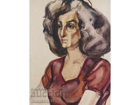 Old watercolor painting, female portrait