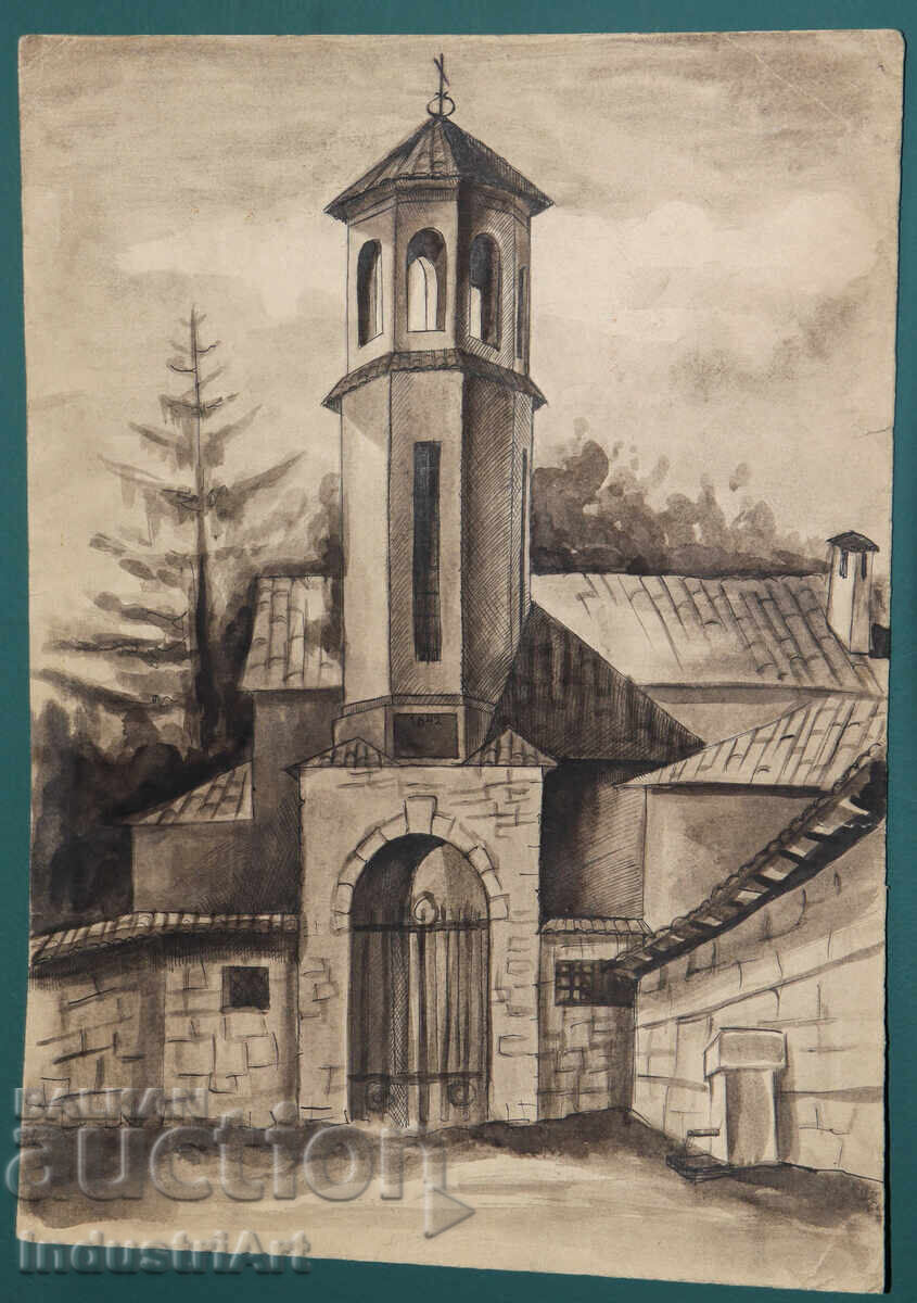 Watercolor painting 1976 landscape church tower with price 150.00 BGN | € 76.69