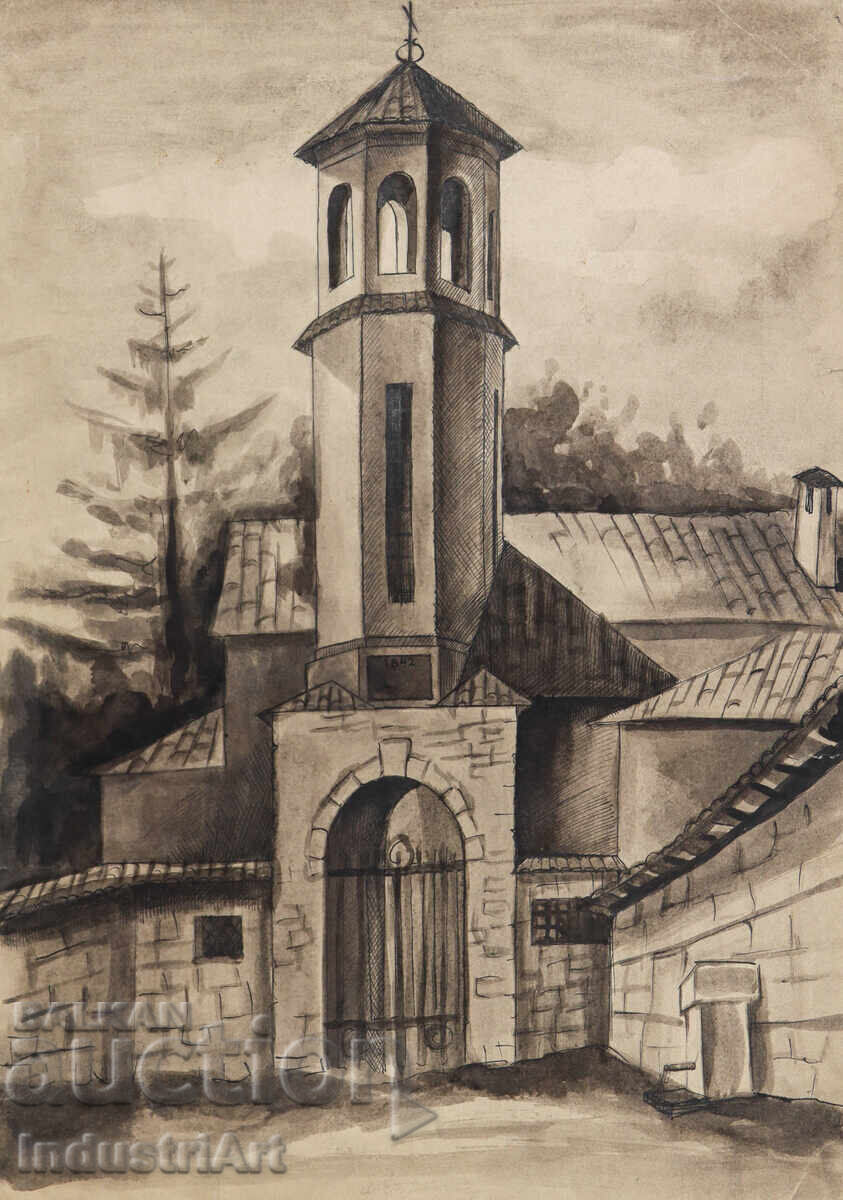 Auction  Watercolor painting 1976 landscape church tower