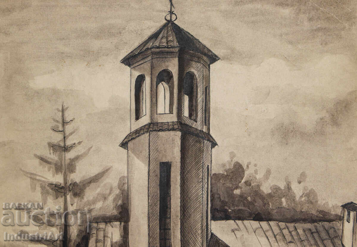 Delivery of Watercolor painting 1976 landscape church tower