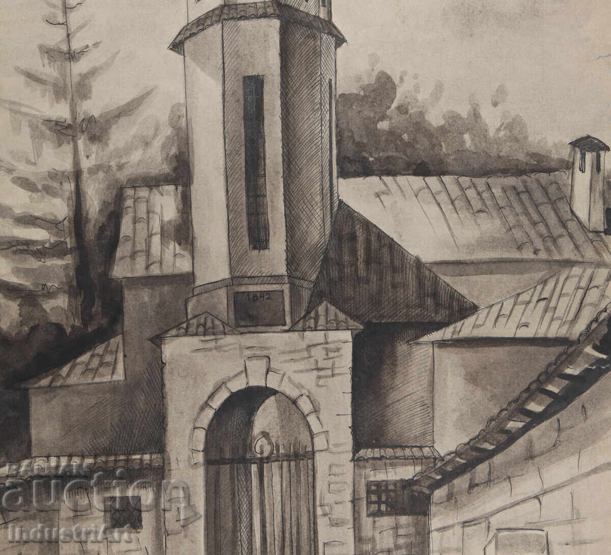 Watercolor painting 1976 landscape church tower - 5