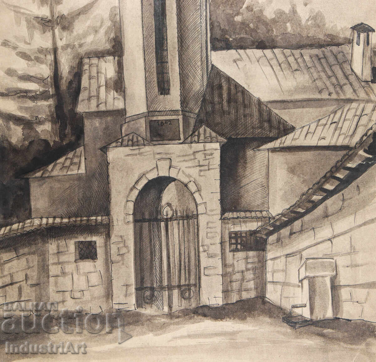 Watercolor painting 1976 landscape church tower - 6