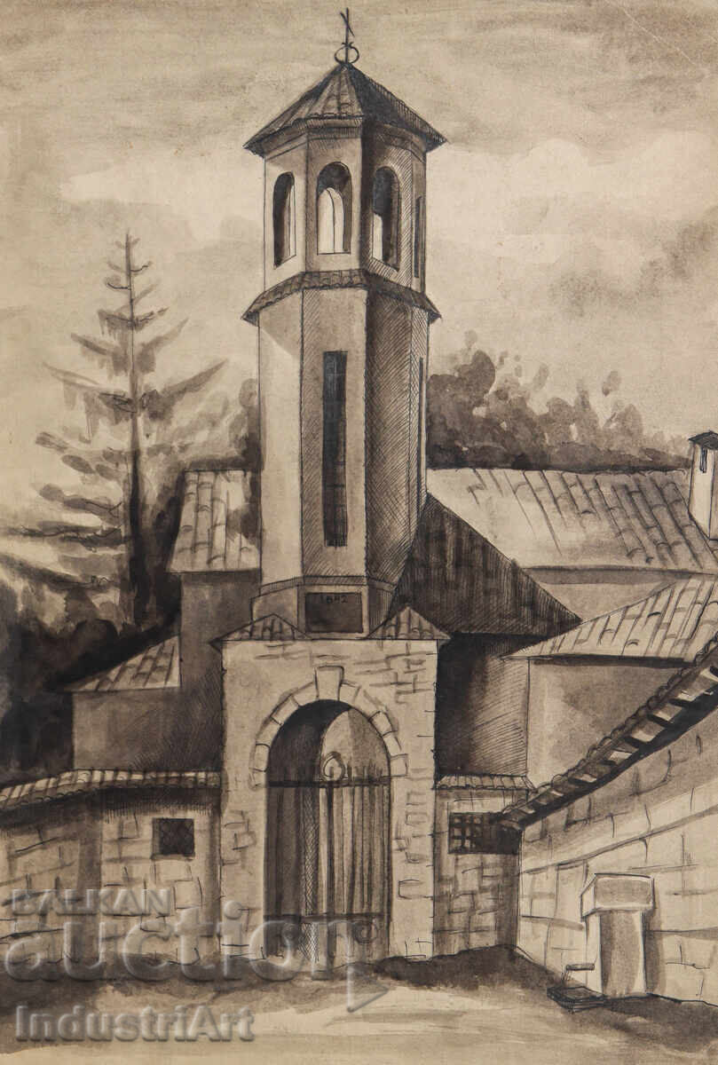 Watercolor painting 1976 landscape church tower