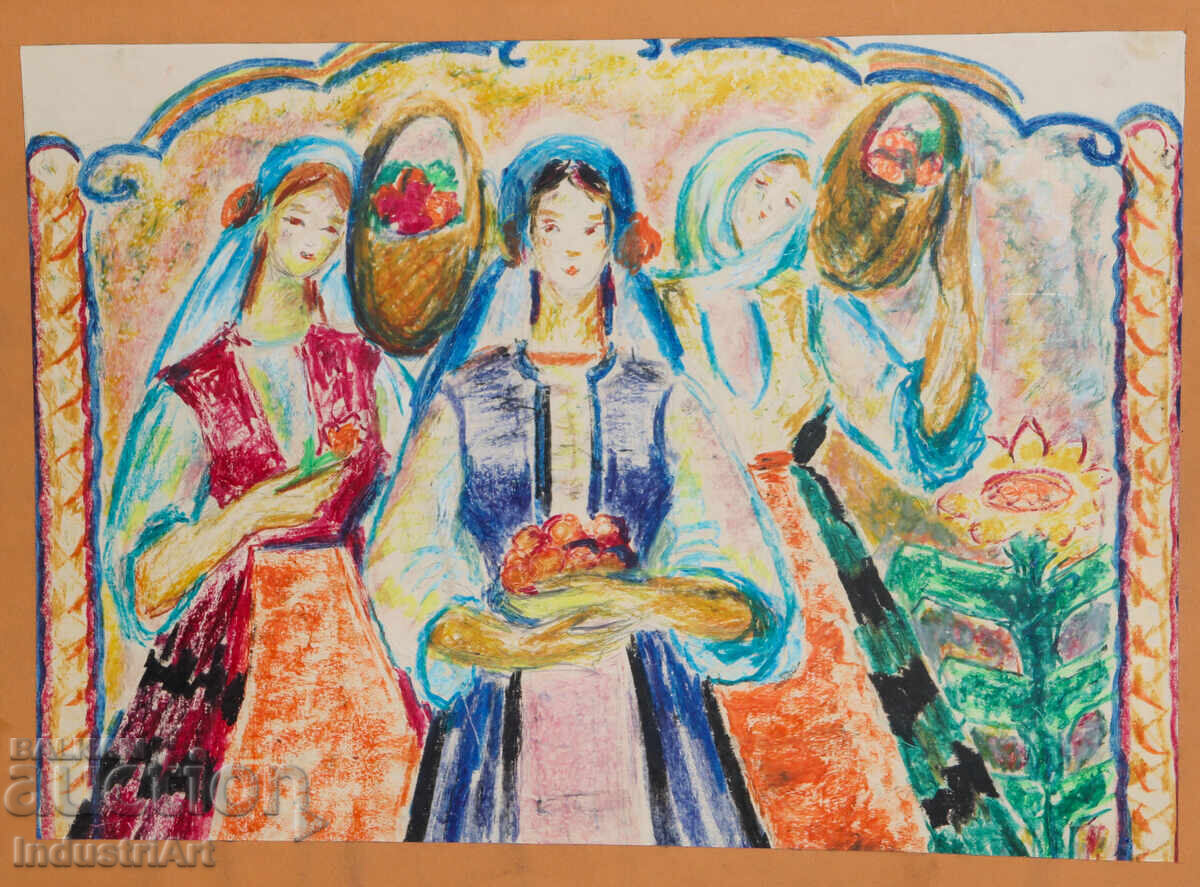 Auction  Pastel Painting Portrait of a Woman in Traditional Costume