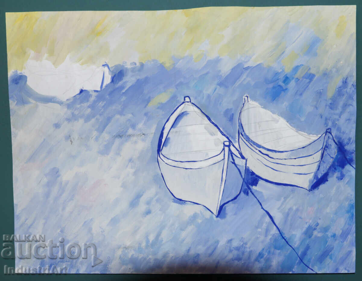 Tablou cu tempera, peisaj marin, bărci cu preț 150.00 BGN | € 76.69