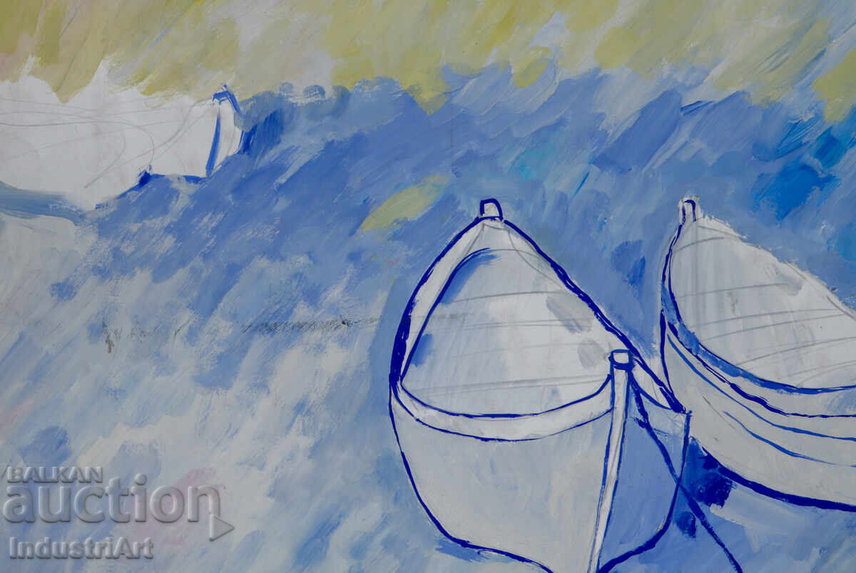 Licitație Tablou cu tempera, peisaj marin, bărci