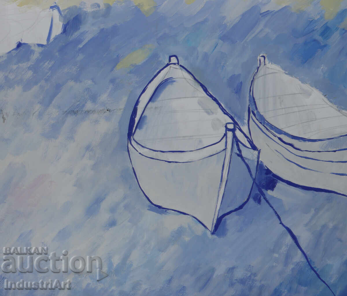 Livrarea Tablou cu tempera, peisaj marin, bărci