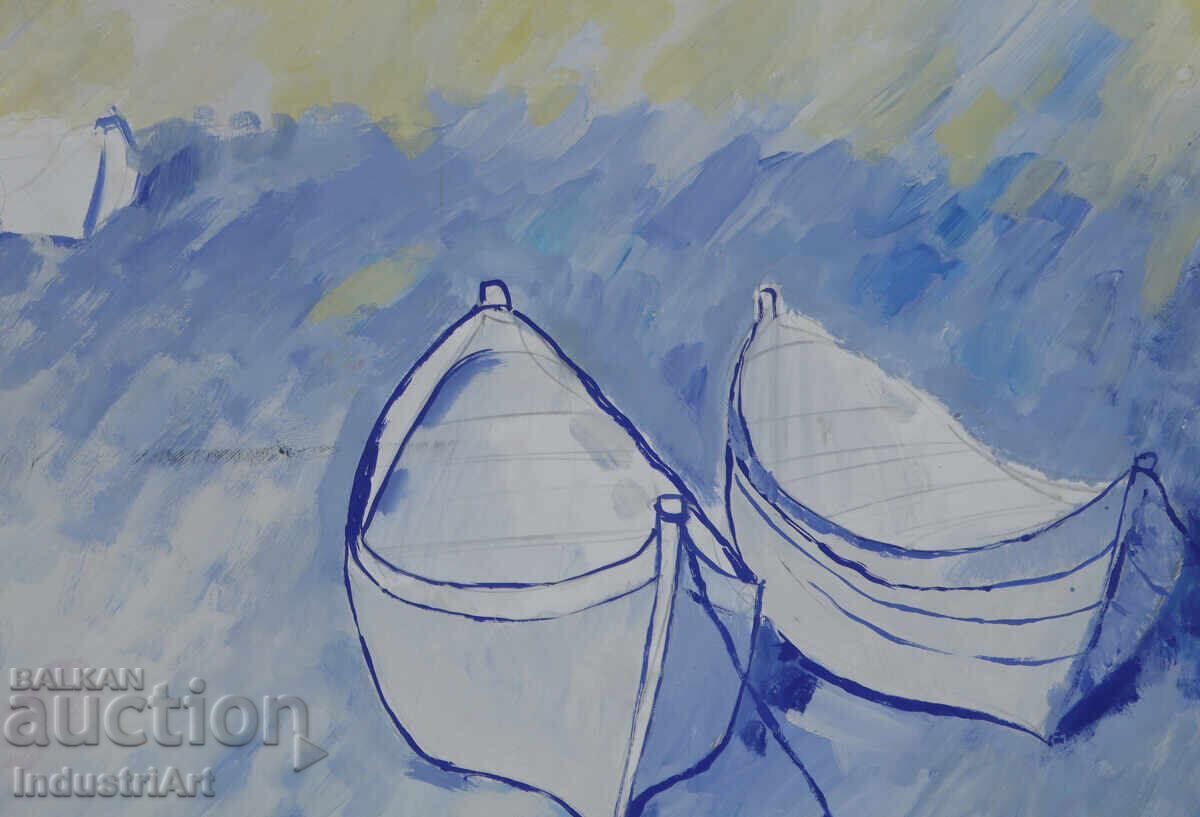 Tablou cu tempera, peisaj marin, bărci - 5