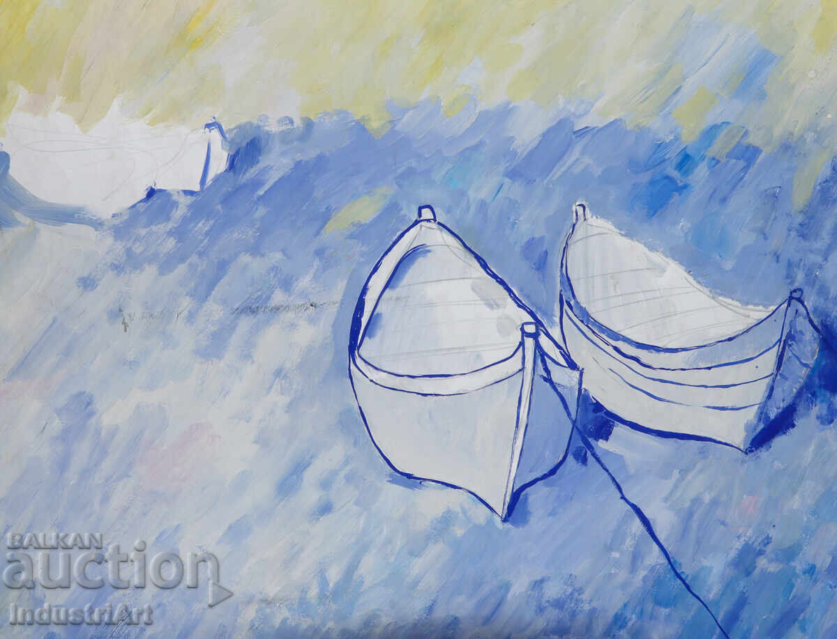 Tablou cu tempera, peisaj marin, bărci