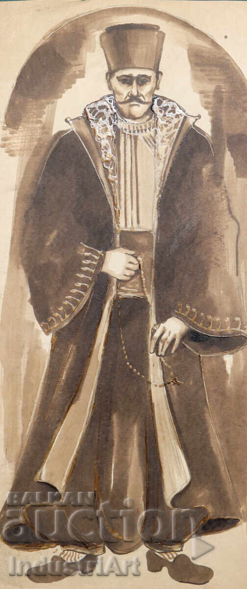 Old watercolor painting, male portrait