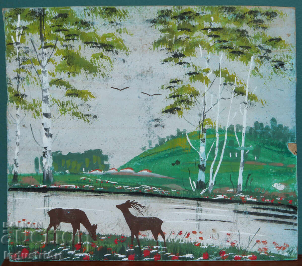 Παλαιός πίνακας με τέμπερα, ανοιξιάτικο τοπίο με τιμή 120.00 BGN | € 61.36