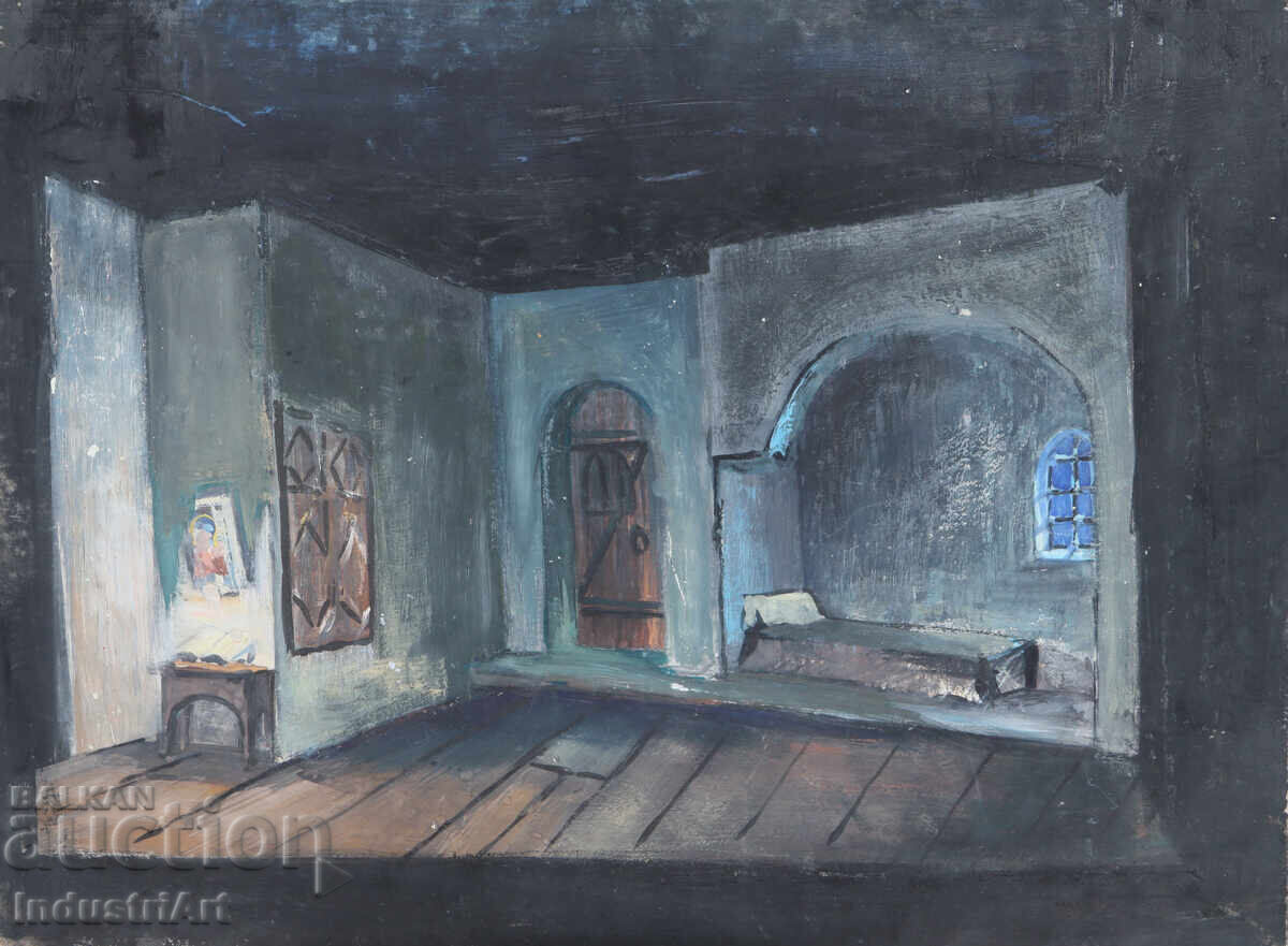 Auction  Old Tempera Painting, Revival Interior