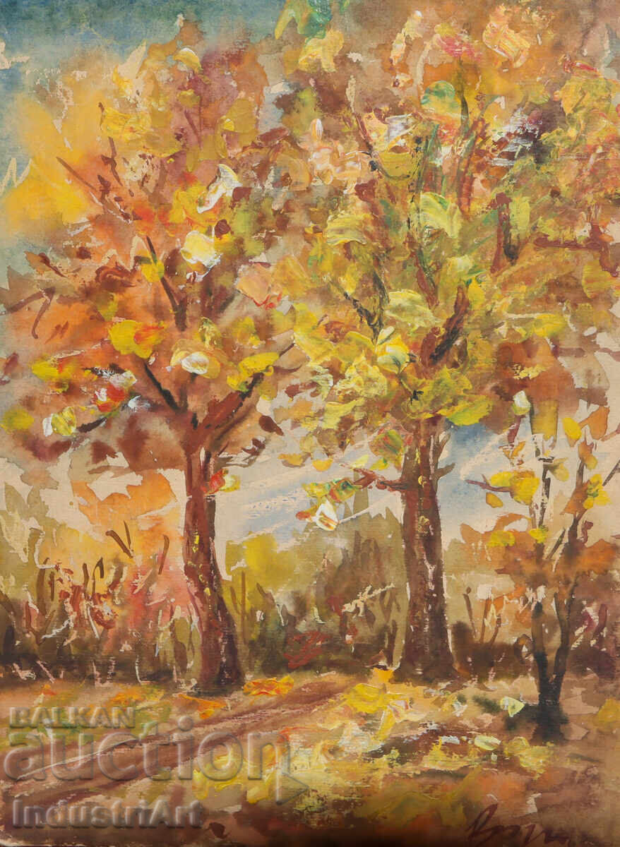 Old watercolor painting, forest landscape