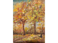 Tablou vechi acuarelă peisaj forestier