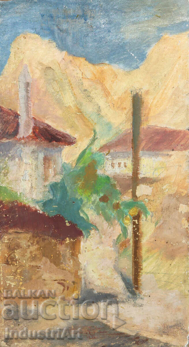 Auction  Old oil painting, rural landscape