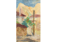 Old oil painting, rural landscape