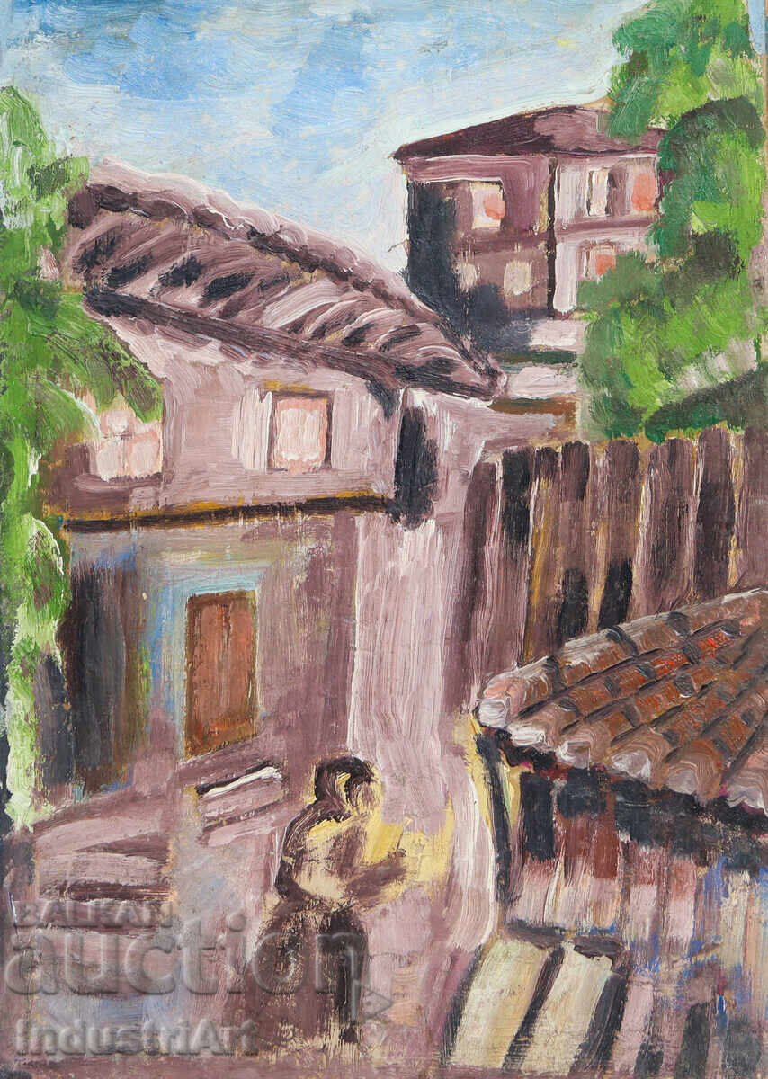 Old oil painting, rural landscape