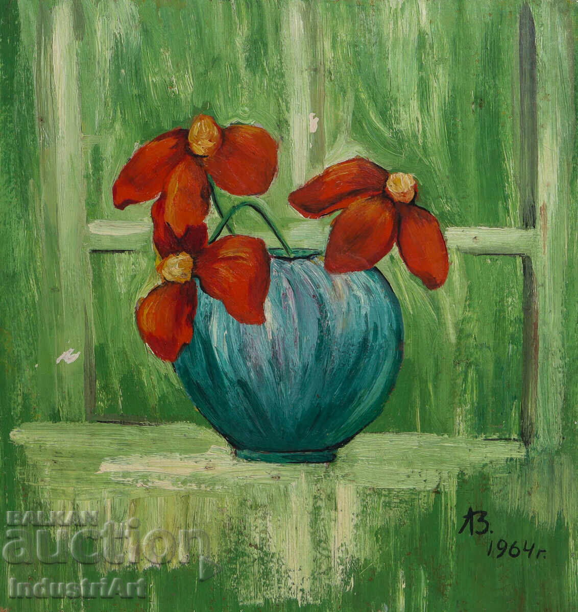 Auction  Oil painting 1964 still life with flowers