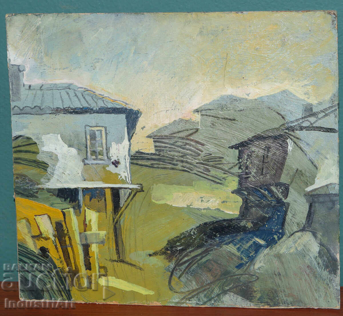 Аукцион Стара малка картина масло градски пейзаж