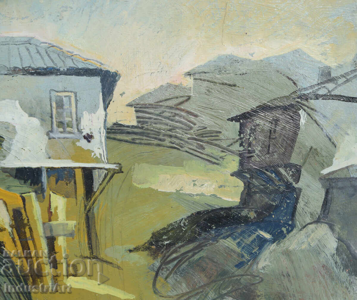 Стара малка картина масло градски пейзаж - 6